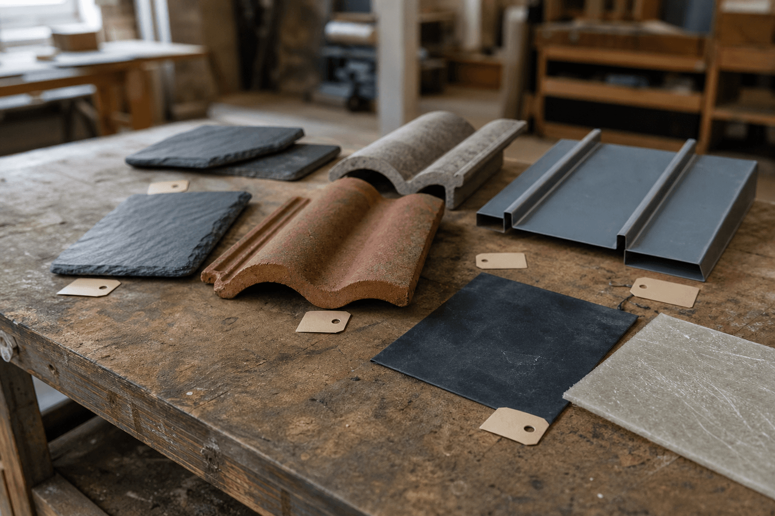 Roof material samples on a UK workbench: slate, tile, metal, EPDM and GRP