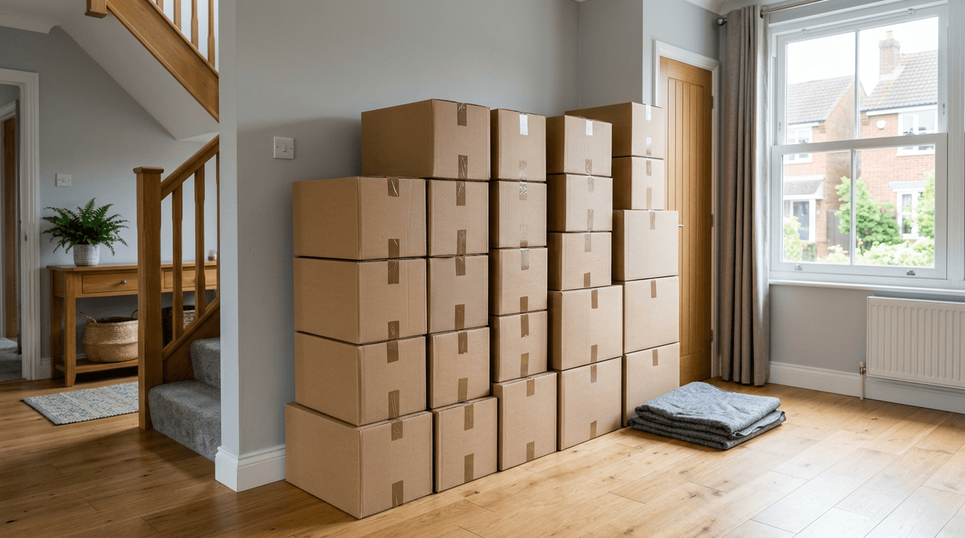 Cardboard moving boxes stacked neatly