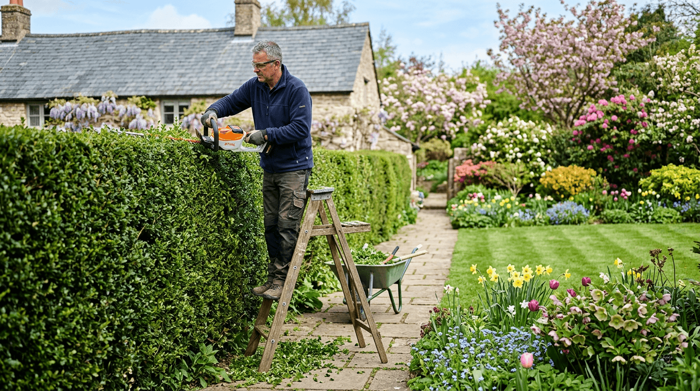 Person trimming hedges in a tidy UK garden