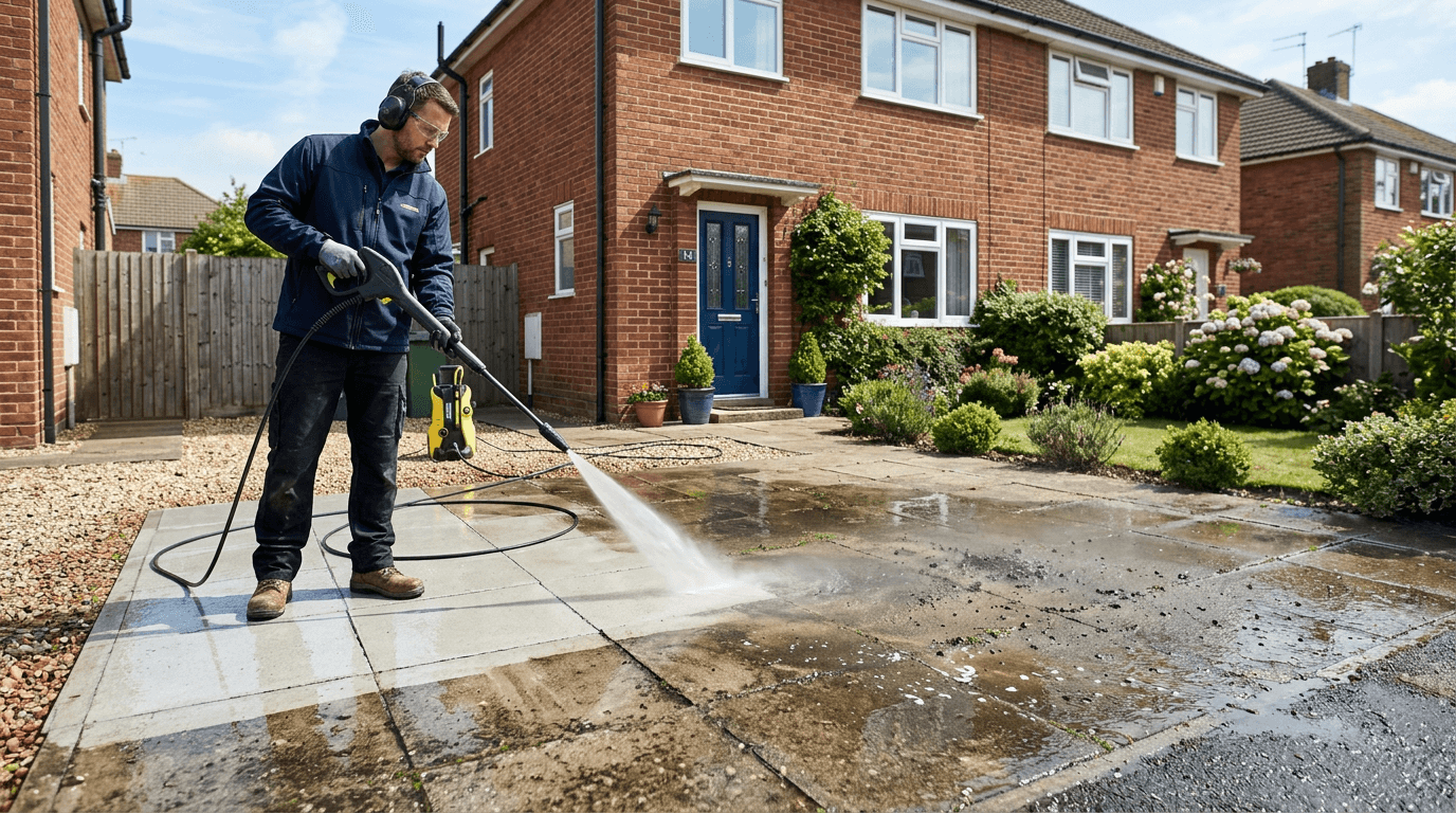 Pressure washer cleaning a driveway