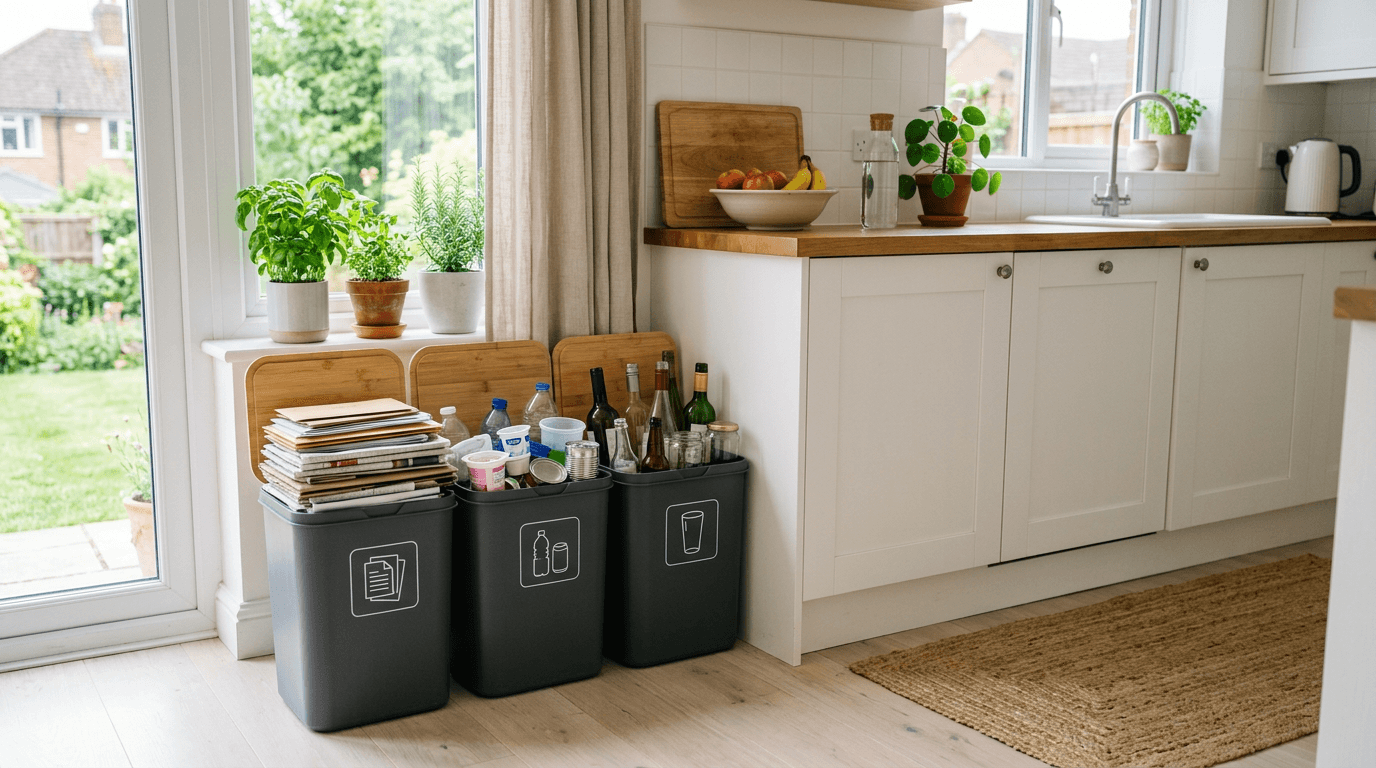 Recycling bins with paper, plastic, glass