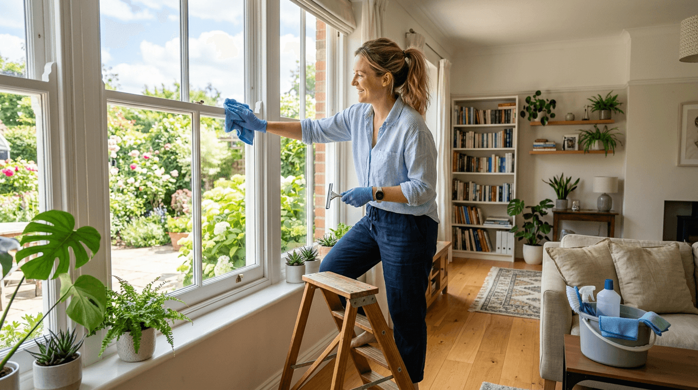 Person cleaning windows in a bright UK home