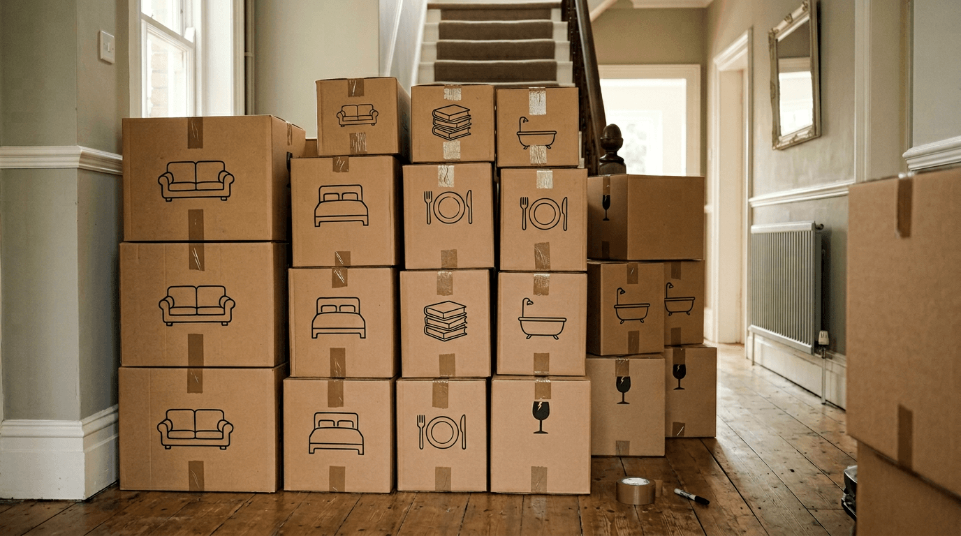 Packed moving boxes with labels