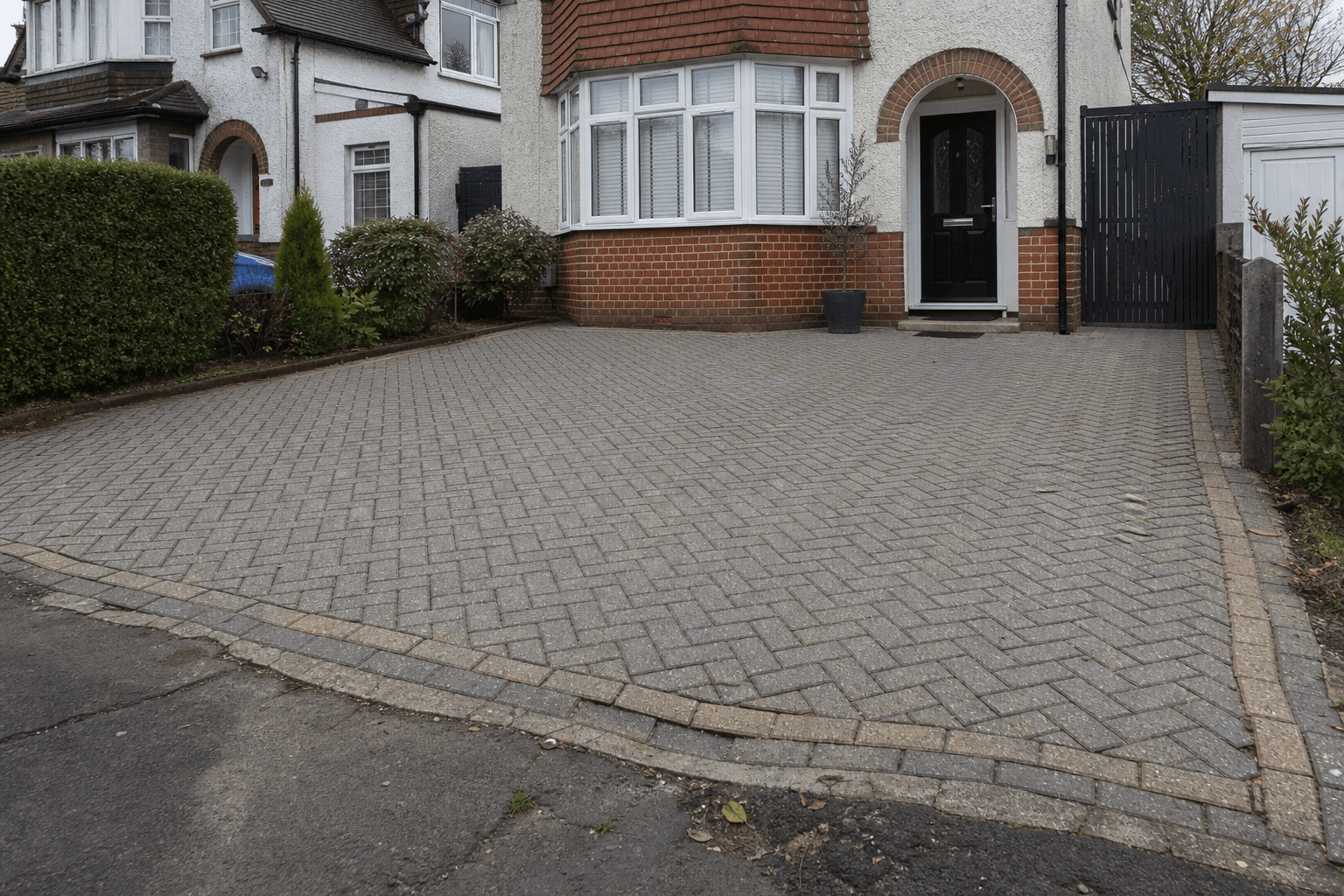 UK semi-detached home with herringbone block paving driveway showing uneven blocks and wear