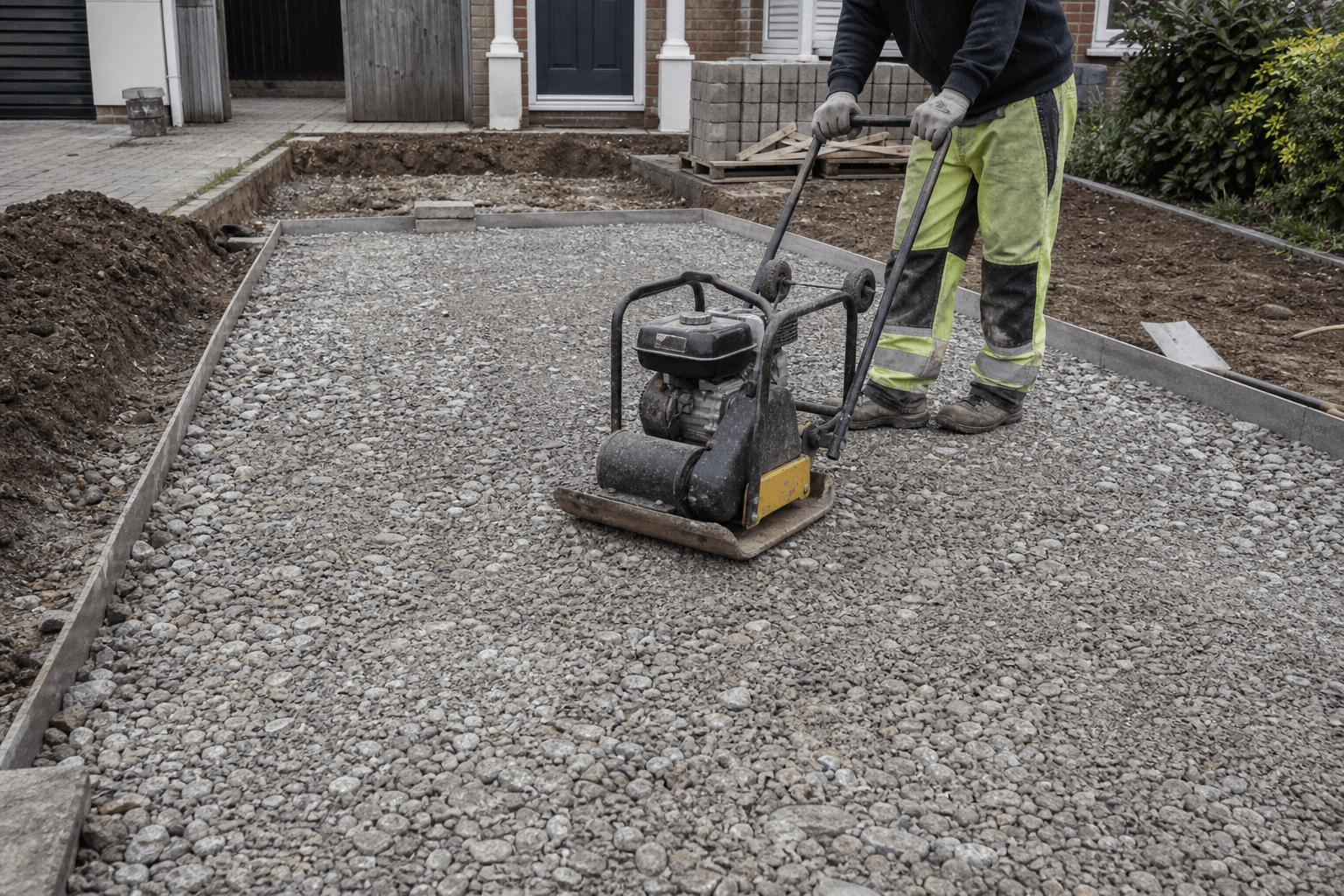 MOT Type 1 sub-base being compacted on a UK driveway before block paving