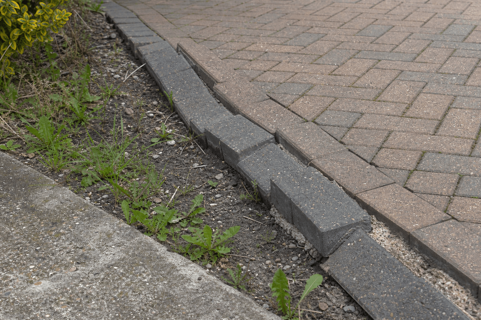 Failed block paving edge restraint with tipping soldier course on a UK driveway