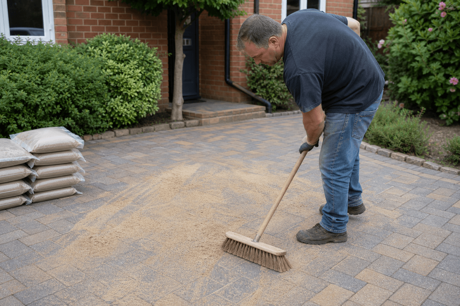 Homeowner brushing kiln-dried sand into block paving joints on a UK driveway