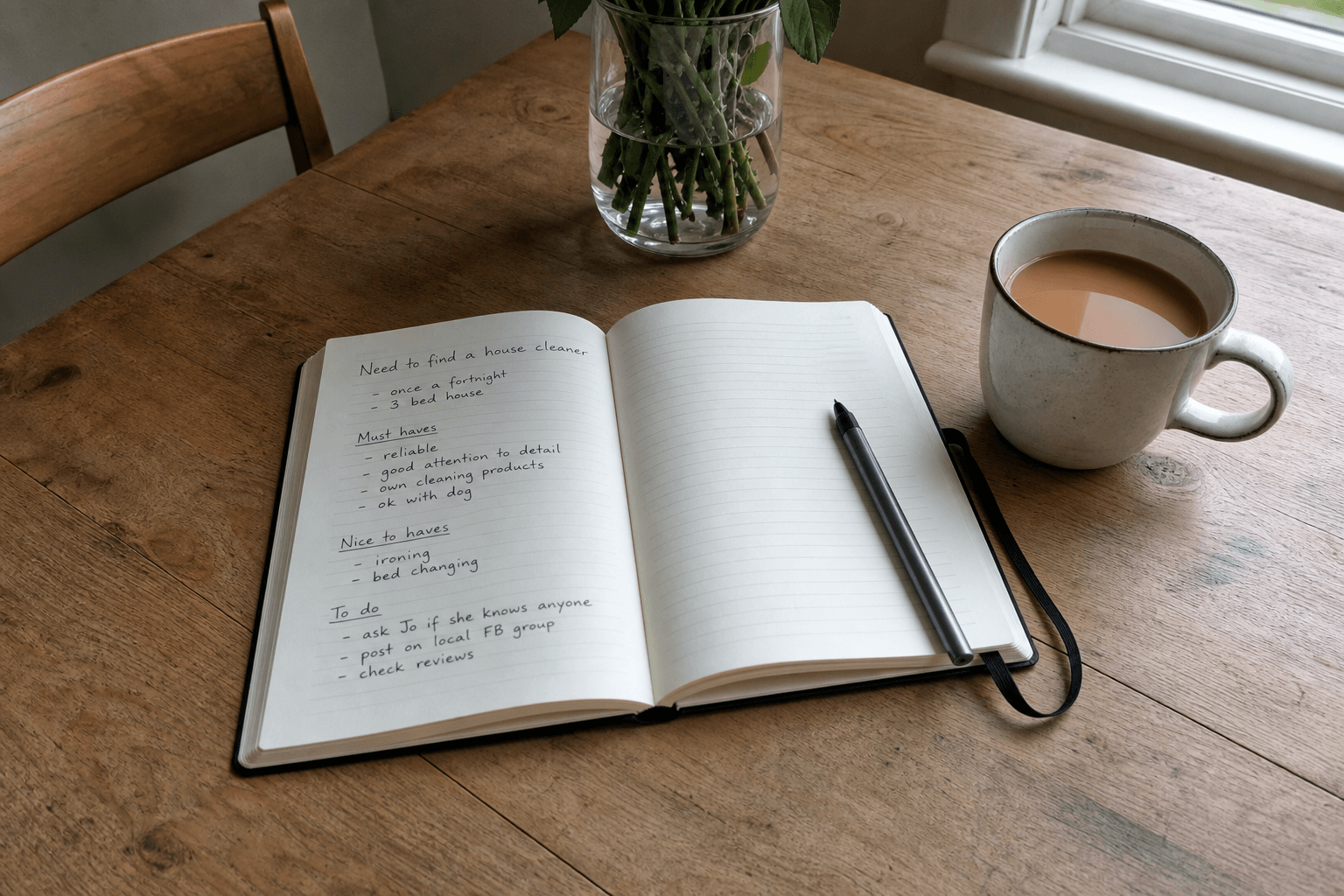 Notebook and tea on a UK kitchen table while planning to hire a house cleaner, documentary photo