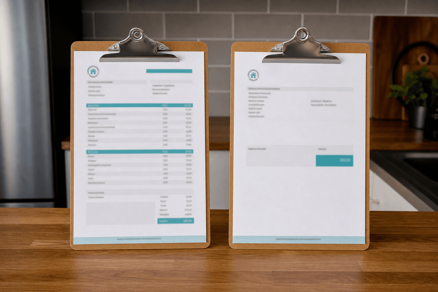 Two printed UK cleaning quotes side by side on a kitchen counter, documentary photo