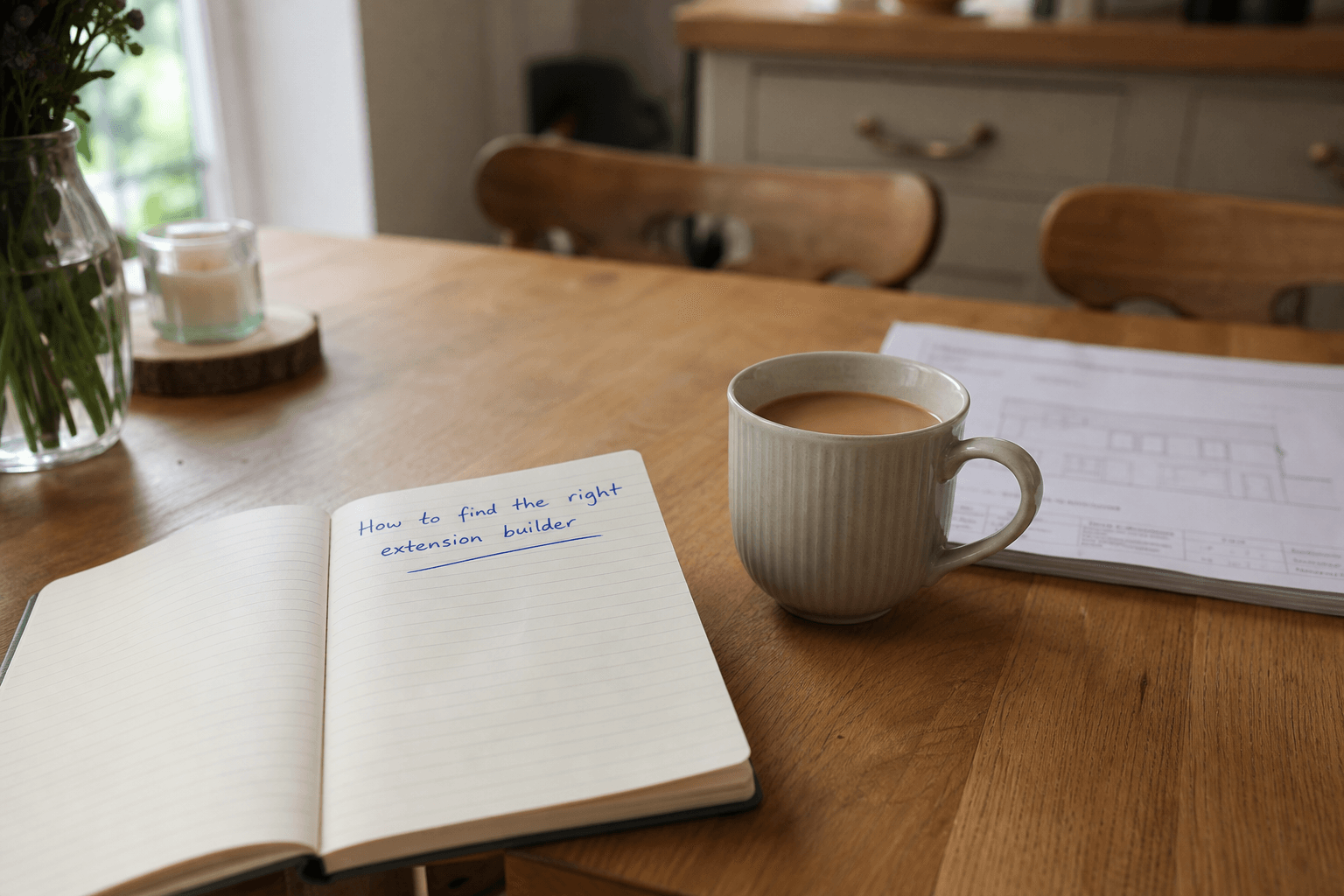 Notebook on a kitchen table for finding an extension builder with Planning Portal papers