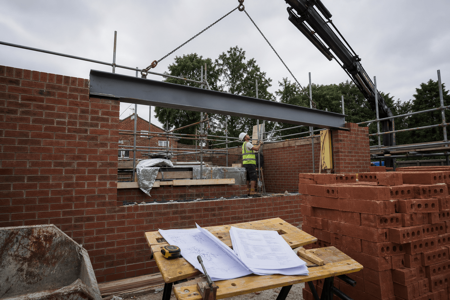Steel RSJ being installed above an opening in a UK brick wall on a building site