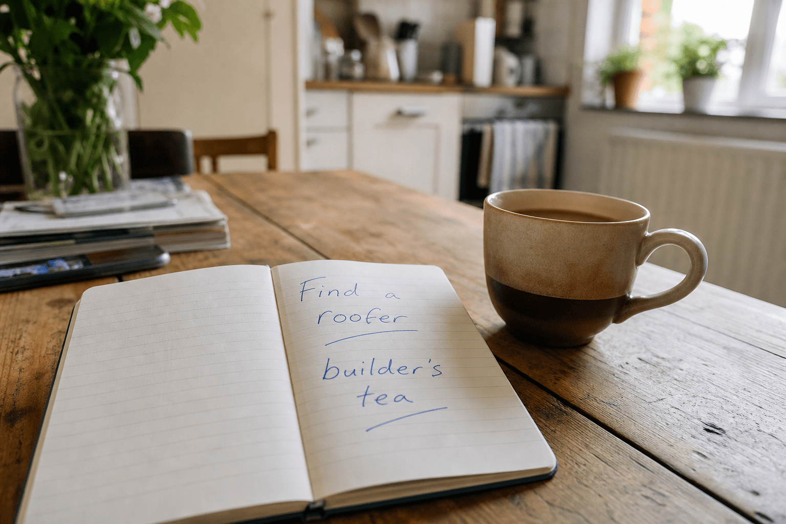 Notebook and tea on a kitchen table for planning roofing work