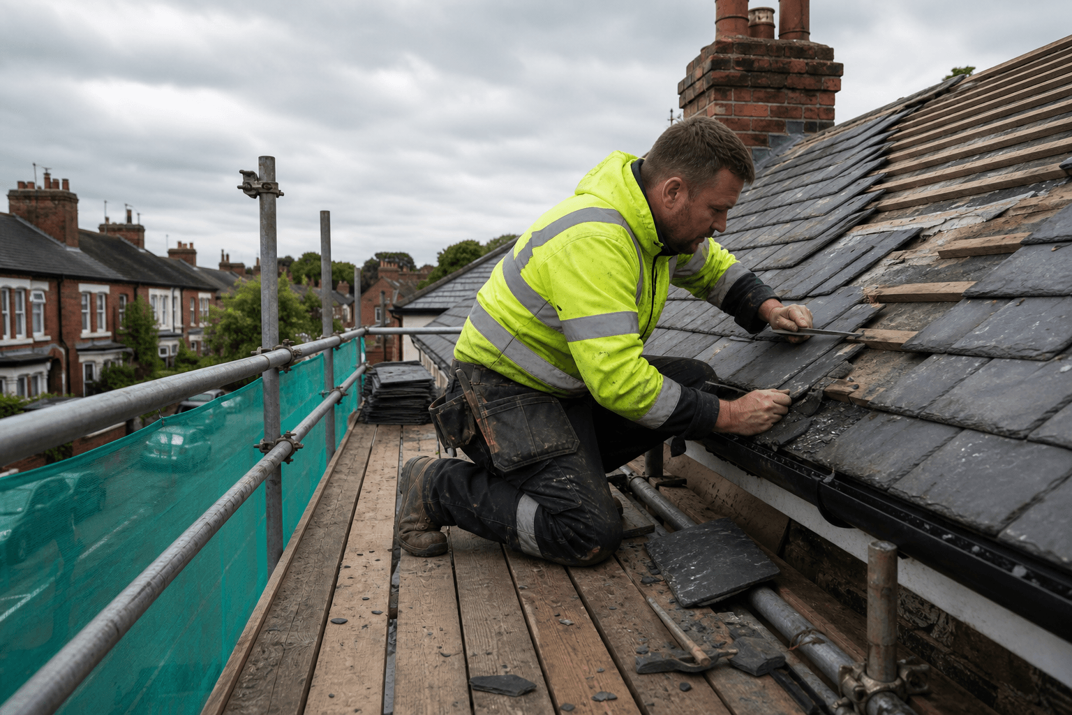 UK roofer on scaffold replacing slate tiles on a semi-detached house