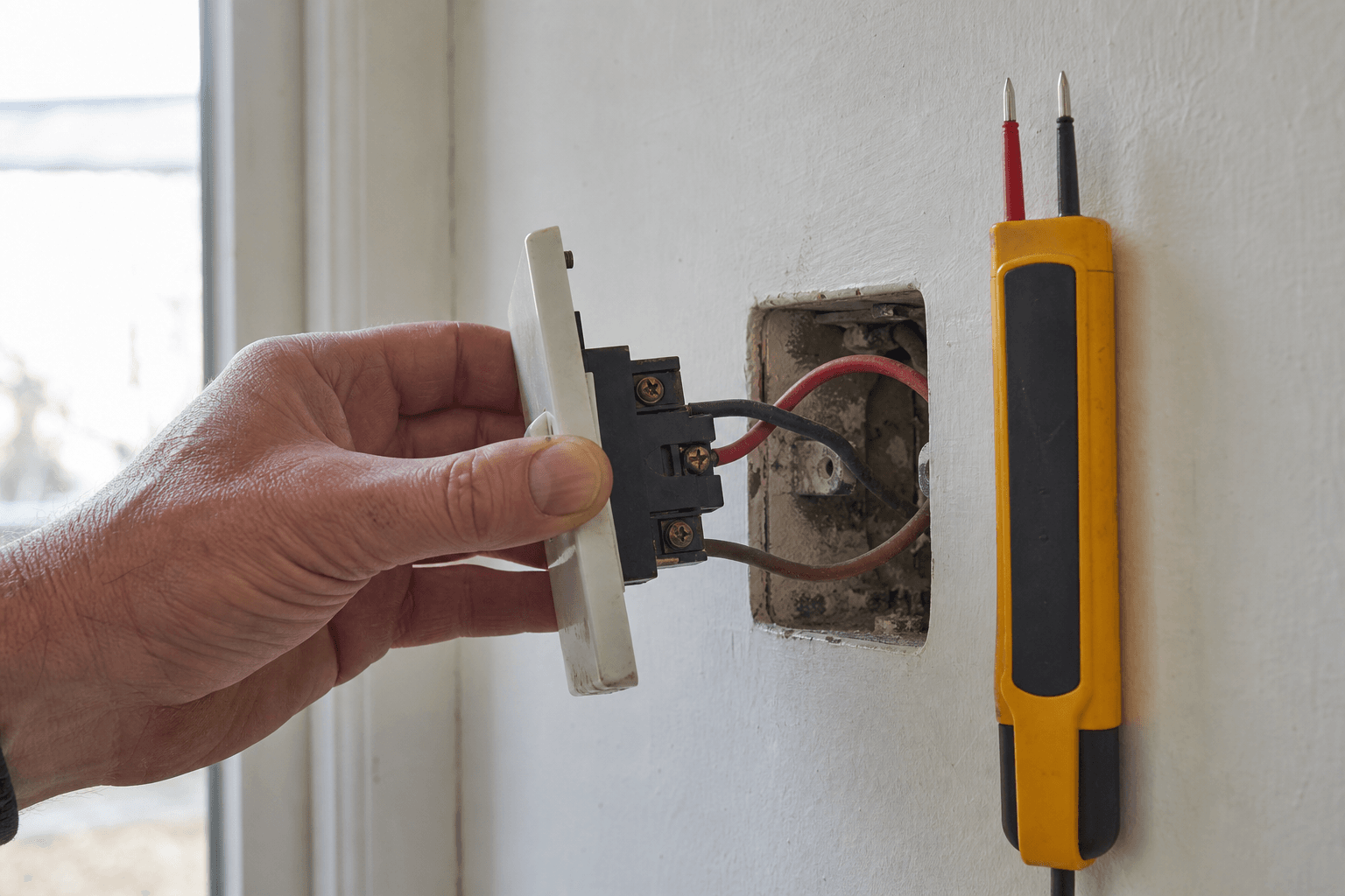 Electrician removing a UK light switch faceplate with mixed red and brown wiring visible