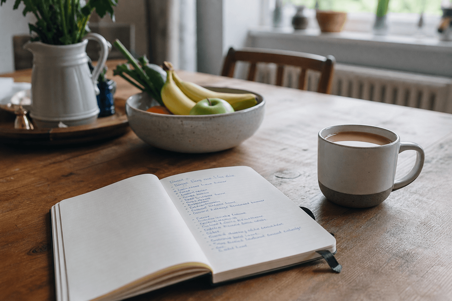 Handwritten checklist on a kitchen table for finding a NICEIC electrician