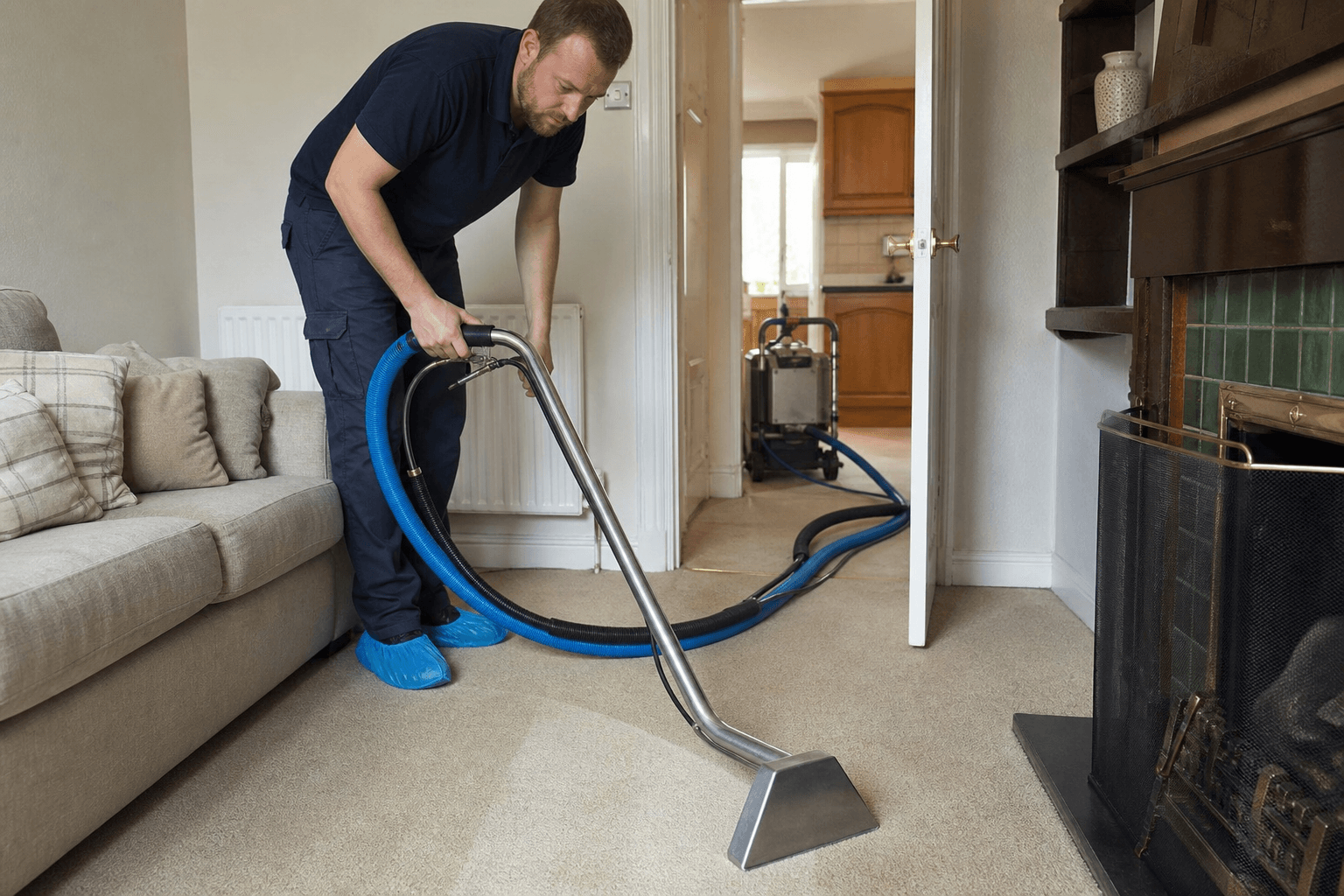 Professional hot-water extraction carpet cleaning in a UK living room
