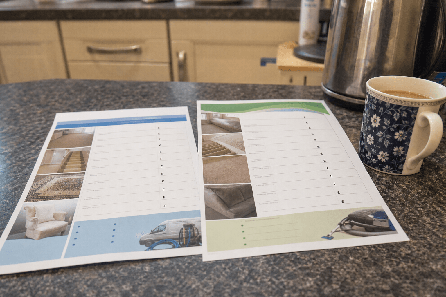 Two printed carpet cleaning price lists on a UK kitchen counter