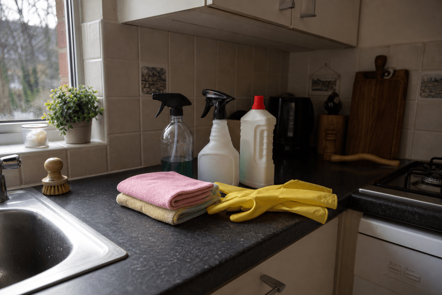 DIY deep cleaning supplies on a UK kitchen counter