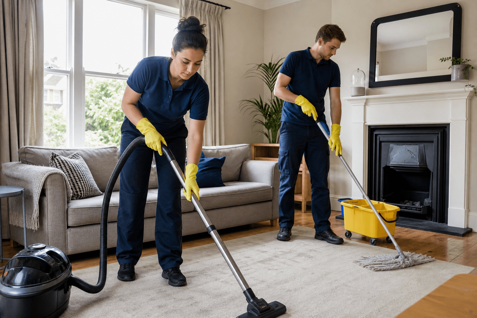 Professional cleaners deep cleaning a UK living room