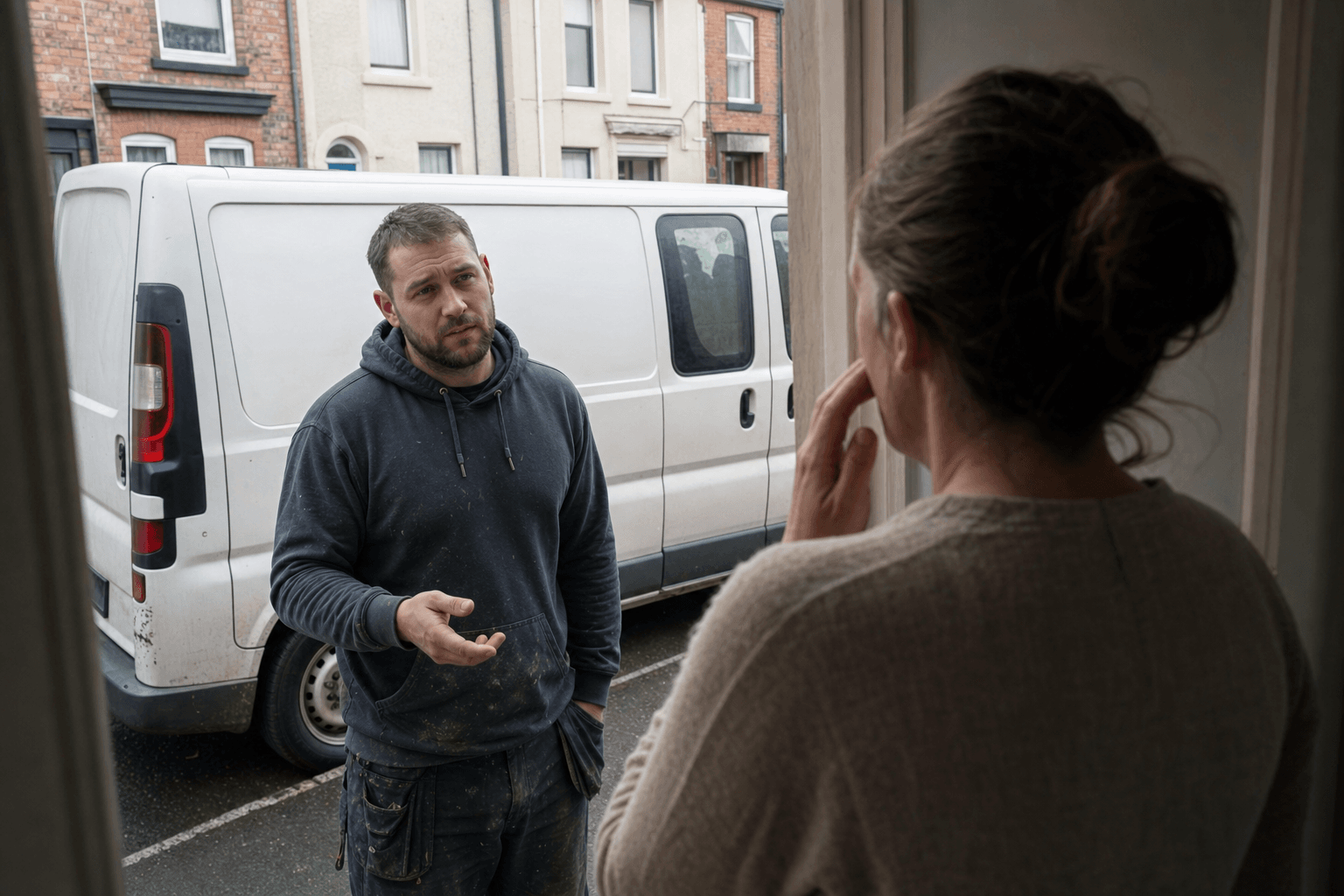 Homeowner at a UK doorstep facing a cash-only tradesperson red flag scenario