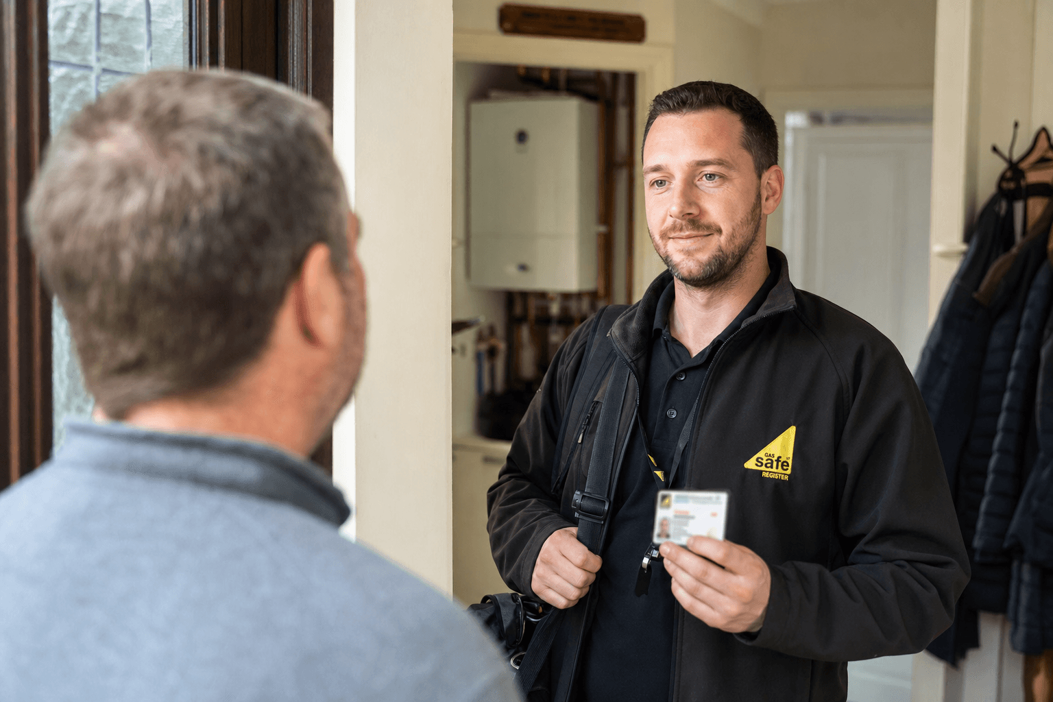Gas Safe engineer showing ID card to a UK homeowner at the door