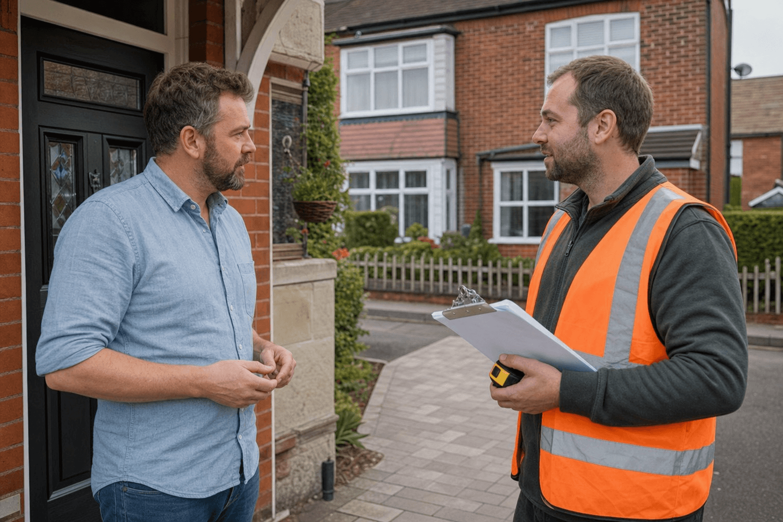 UK homeowner interviewing a driveway installer in high-vis with clipboard on the doorstep