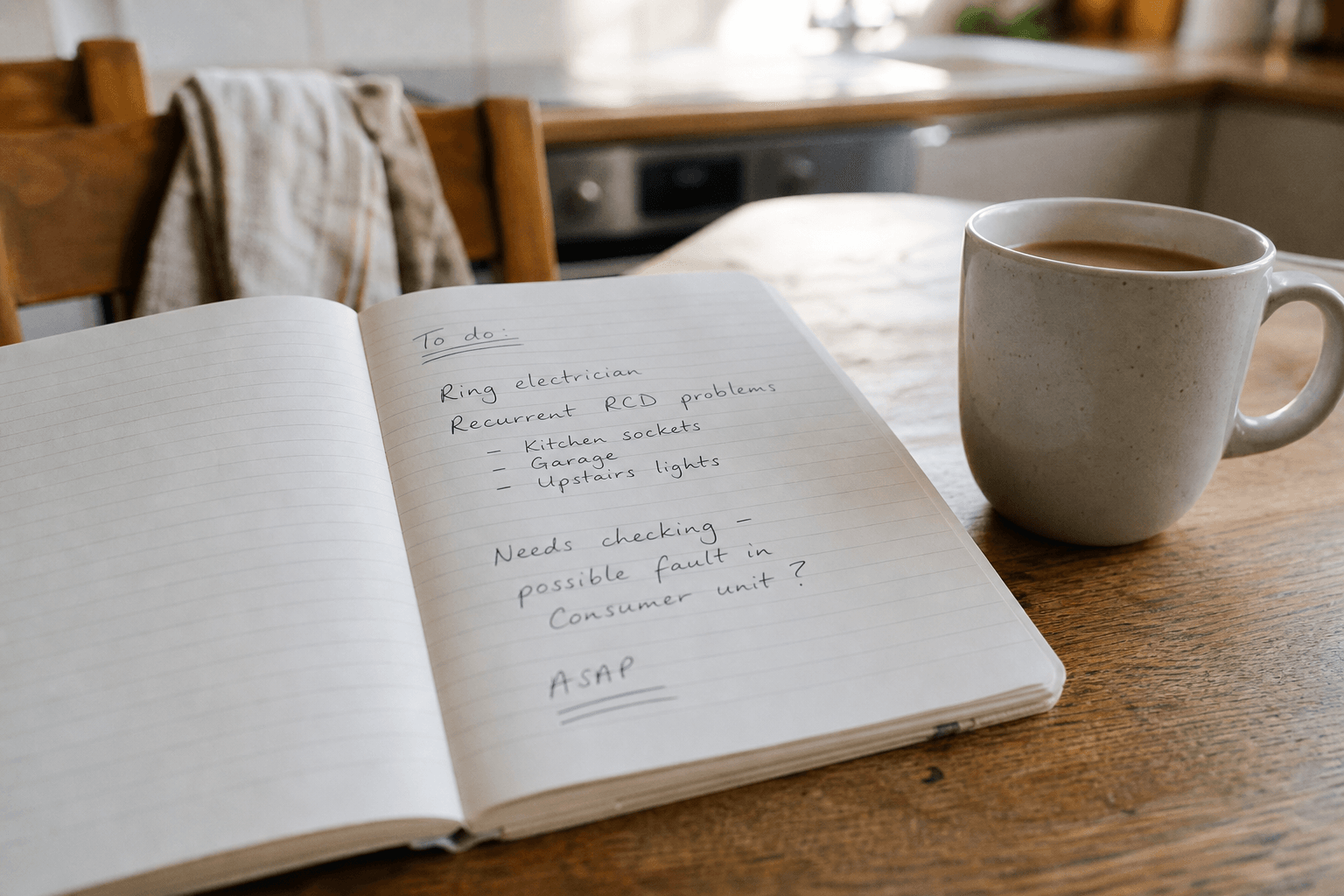 Notebook on a UK kitchen table with a note to call an electrician about an RCD, mug of tea nearby
