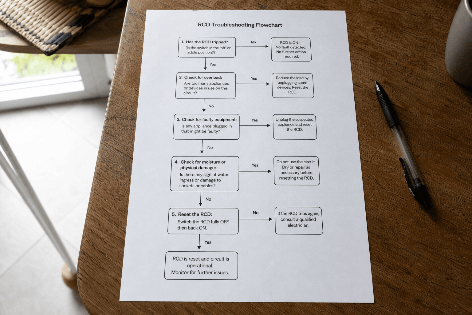 Printed five-step RCD diagnostic flowchart on a UK kitchen table