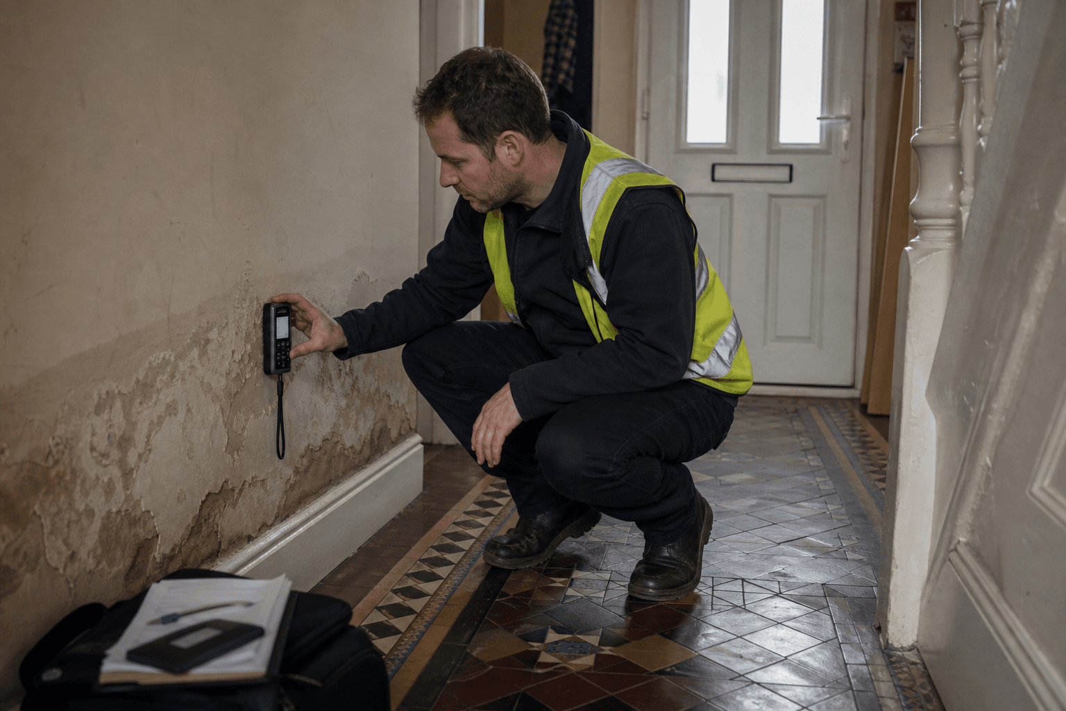 PCA-registered damp surveyor using a moisture meter on a stained UK interior wall