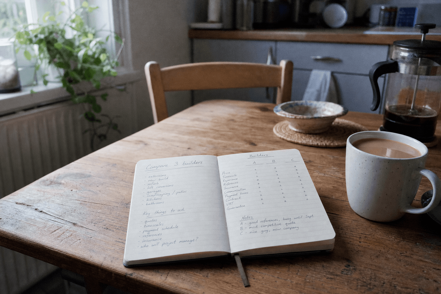 Notebook on a kitchen table titled Compare 3 builders with a mug of tea