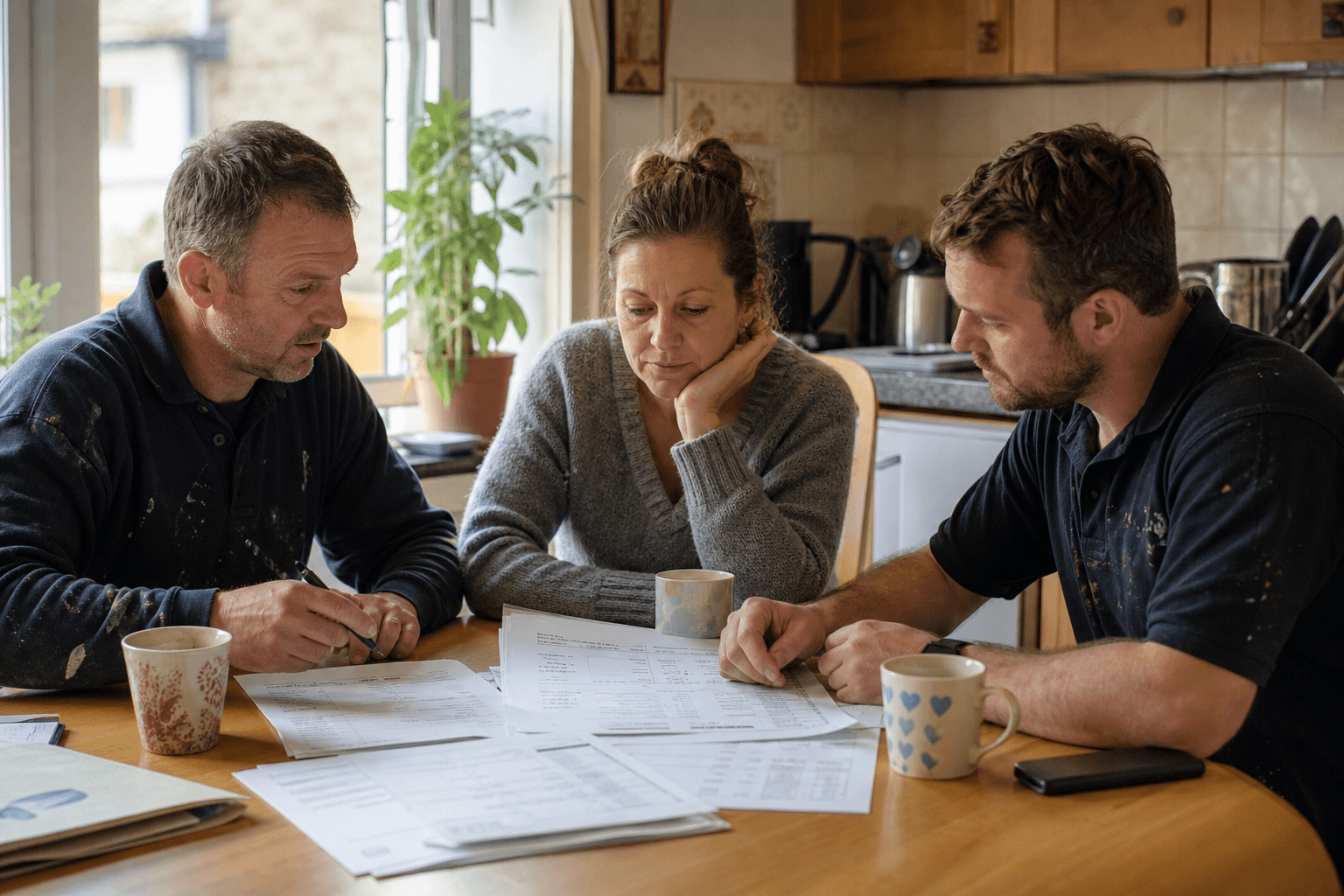 Two builders comparing extension quotes with a homeowner at a UK kitchen table