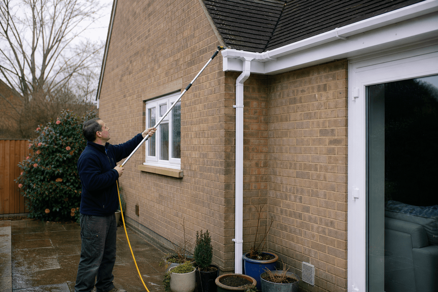 UK homeowner flushing a gutter from the ground with a hose on an extension pole