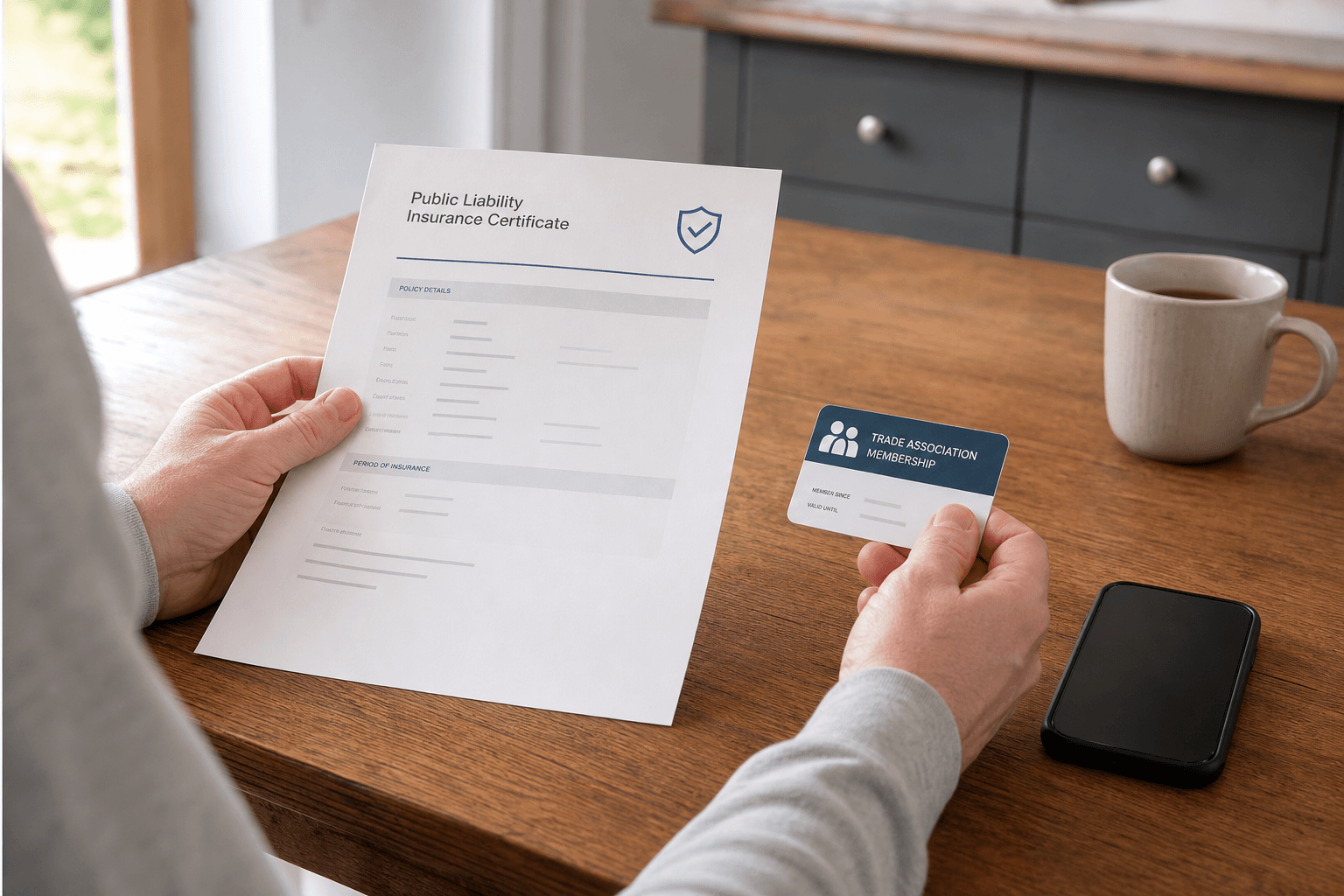 Checking gardener public liability insurance and trade body membership documents at home