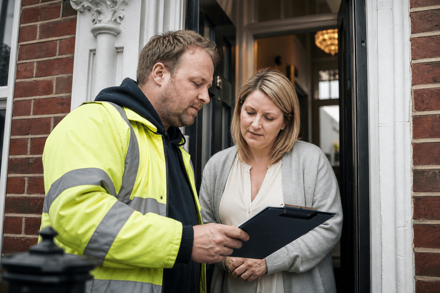 UK homeowner and tradesperson reviewing a written quote on a clipboard at the front door