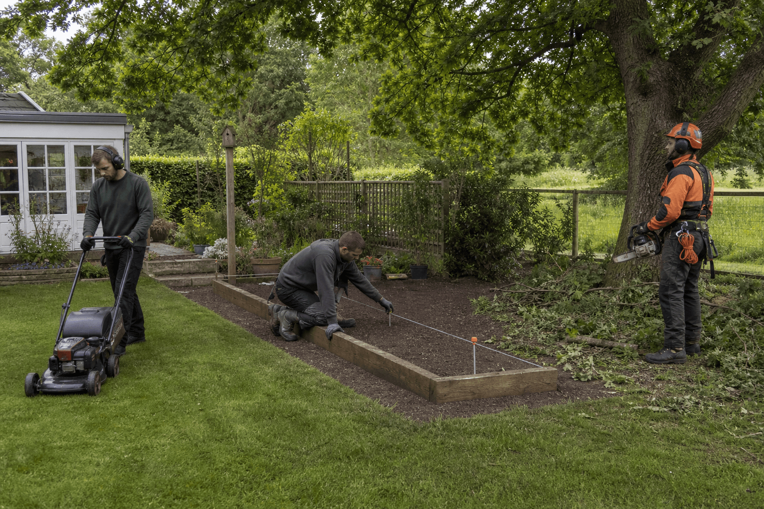 Gardener, landscaper and tree surgeon working on different tasks in a UK garden