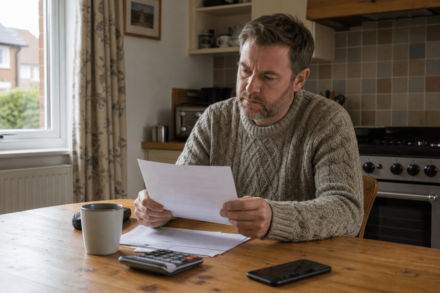 UK homeowner at a kitchen table reviewing a plumbing quote with calculator and phone