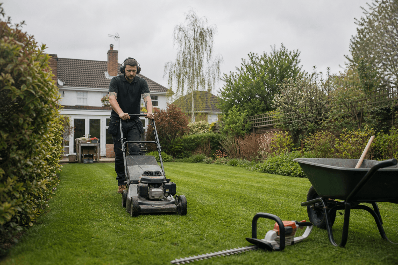Professional UK gardener mowing a suburban lawn