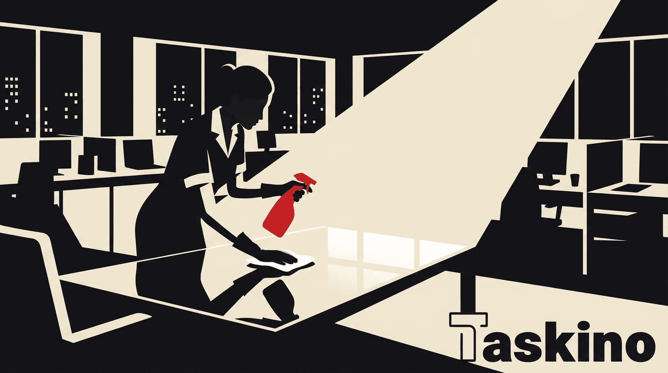 A professional cleaner wiping down a glossy office desk with a modern open office behind, by Taskino