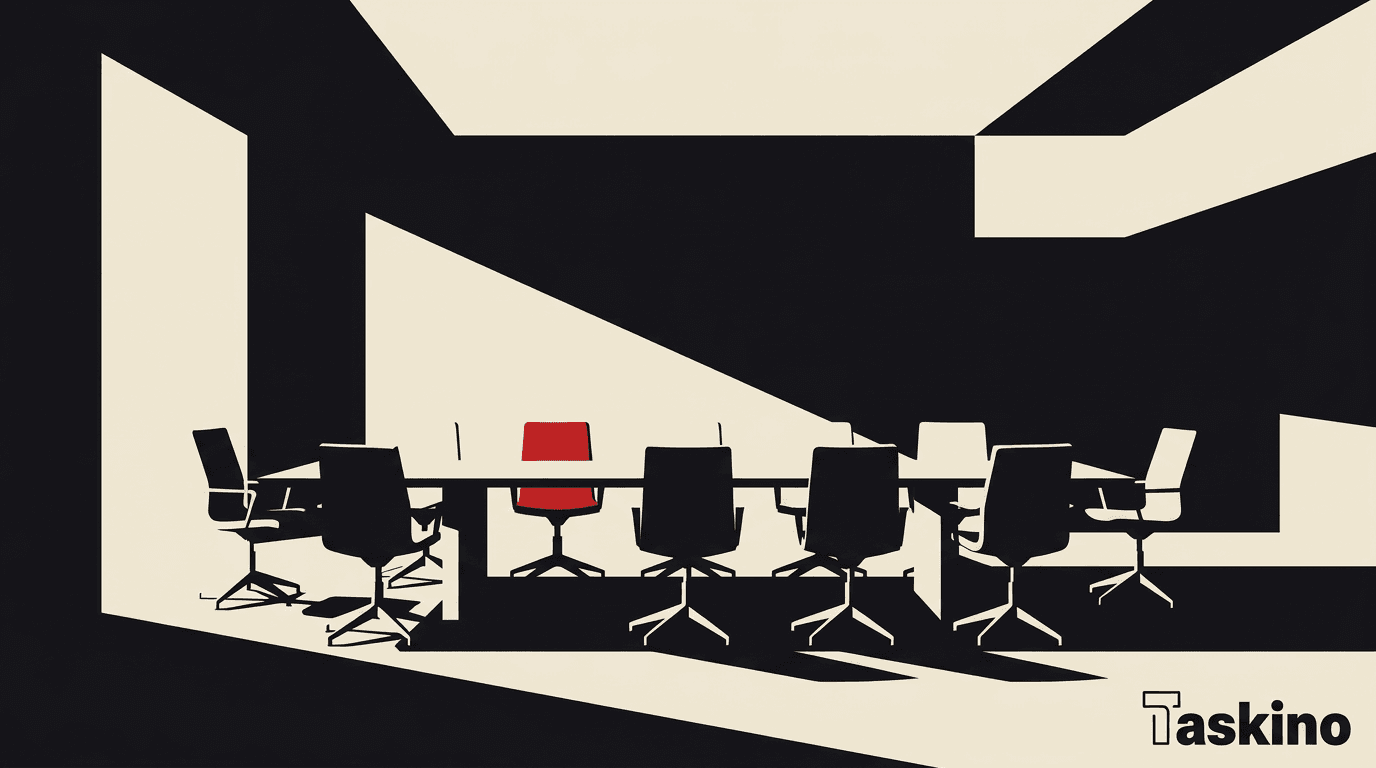 A pristine empty meeting room with a long table and chairs in dramatic light, by Taskino