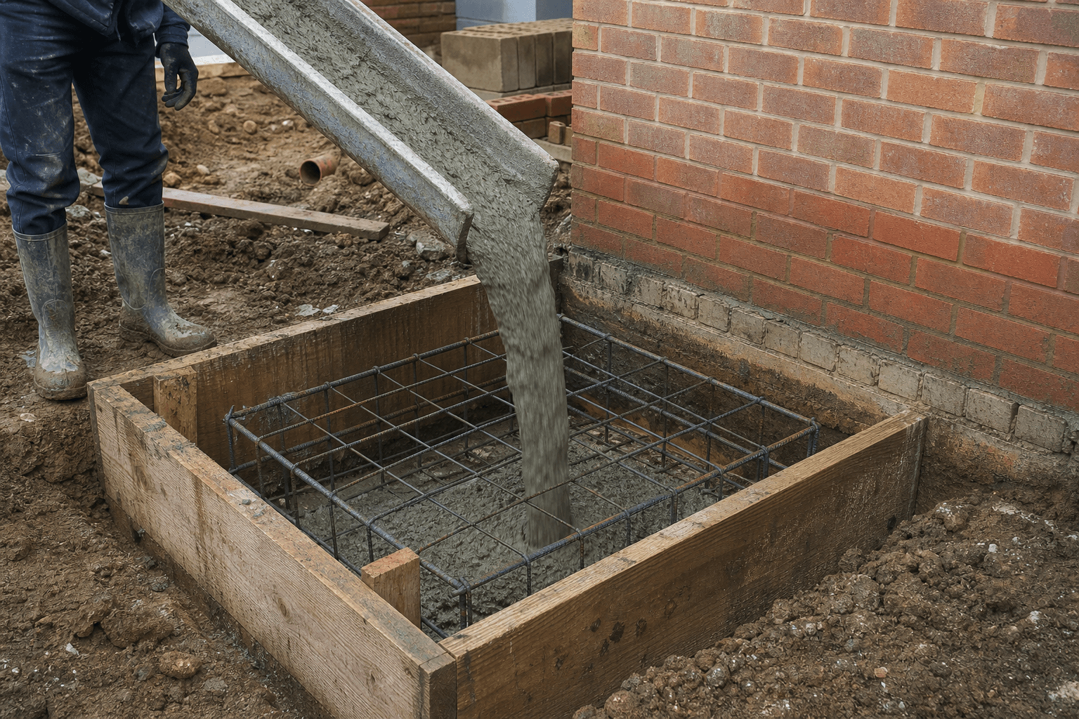 Concrete pad foundation being poured into timber shuttering on a UK building site