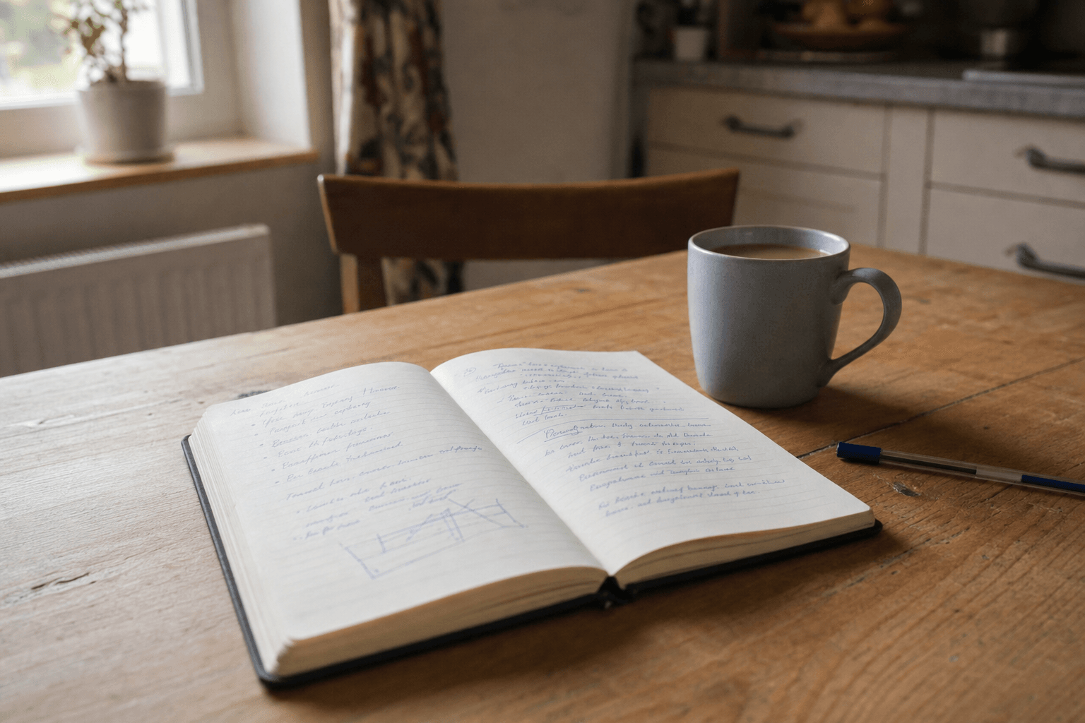 Notebook and tea on a kitchen table for planning a structural engineer visit