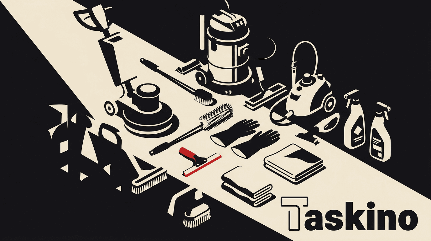 An array of specialist cleaning equipment neatly arranged, by Taskino