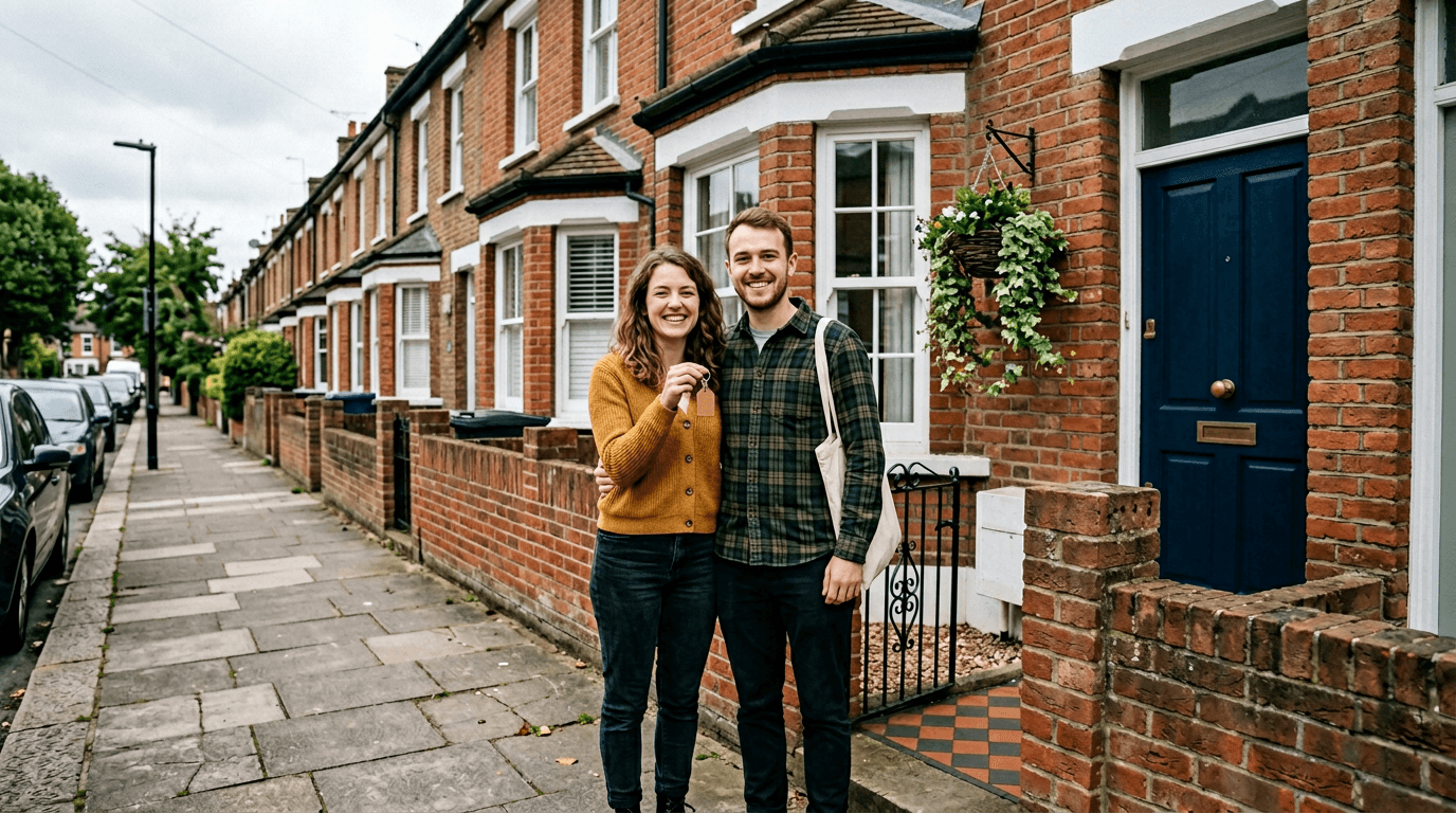 New homeowners with keys outside a UK home [dedupe:taskino:blog:24-new-homeowner-essentials-uk:hero]