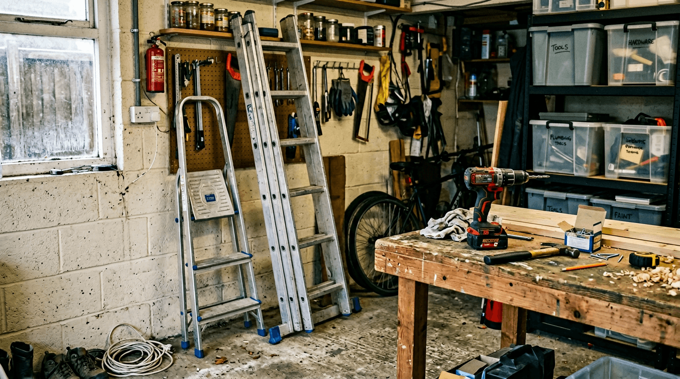 Ladders and tools in a home garage [dedupe:taskino:blog:24-new-homeowner-essentials-uk:inline-1]