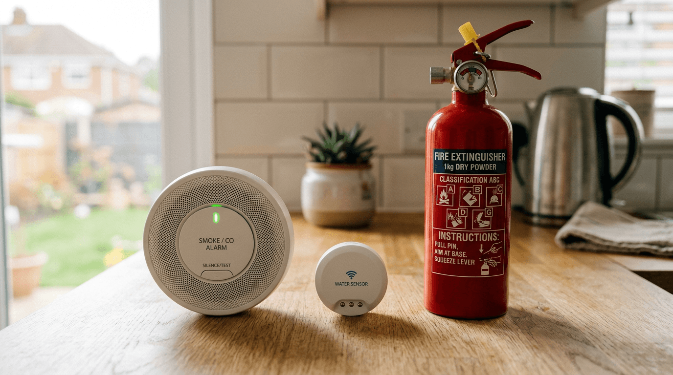 Smoke alarm leak sensor and fire extinguisher on kitchen counter [dedupe:taskino:blog:24-new-homeowner-essentials-uk:inline-2]