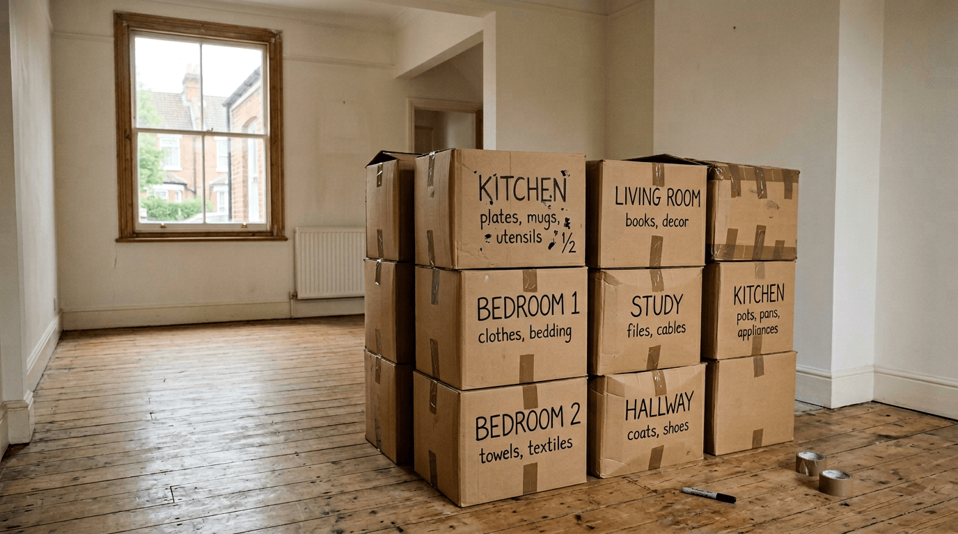Moving boxes labelled by room in a UK living room [dedupe:taskino:blog:24-new-homeowner-essentials-uk:inline-3]