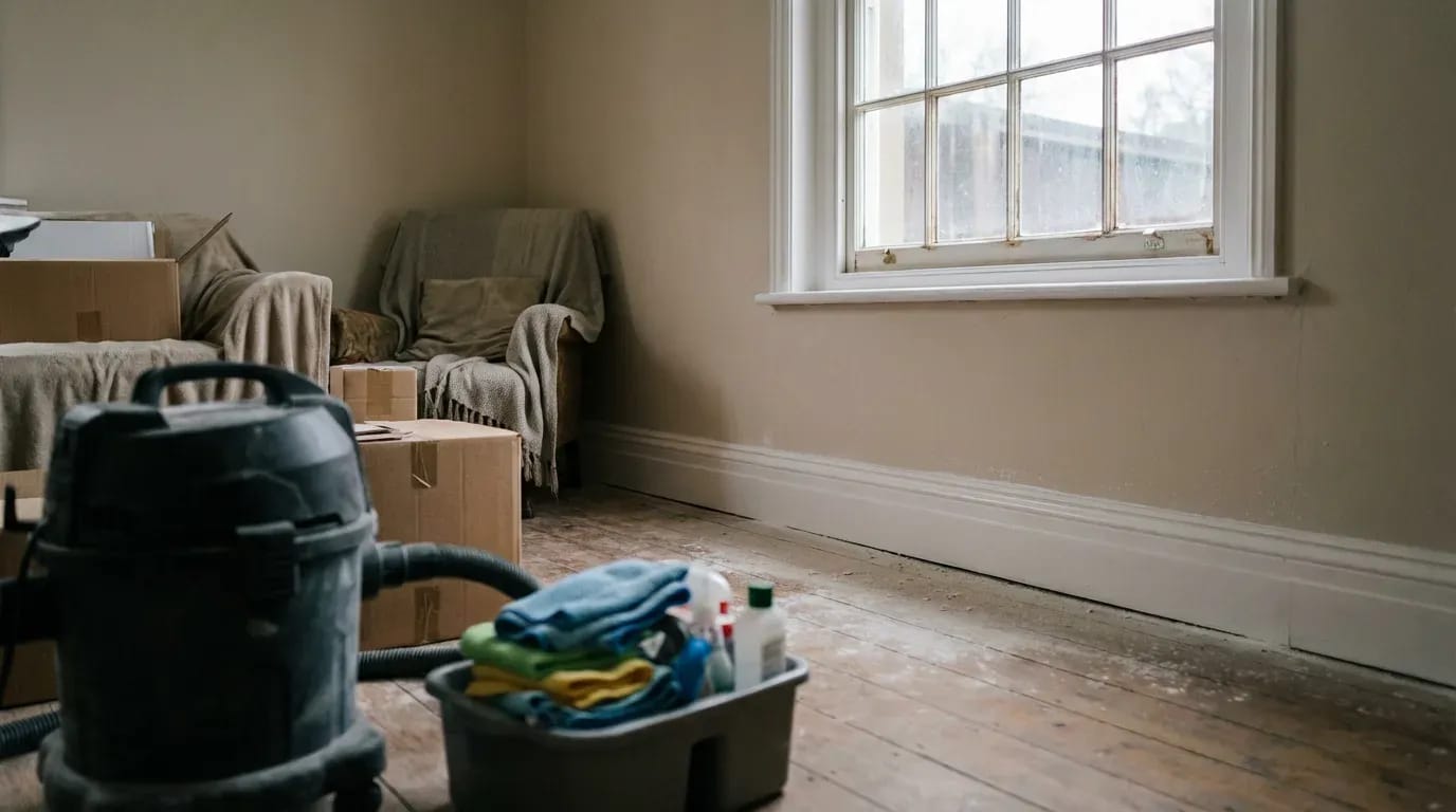 UK room after light renovation with fine dust and cleaning vacuum, documentary photo [dedupe:taskino:blog:after-builders-cleaning-checklist:hero]