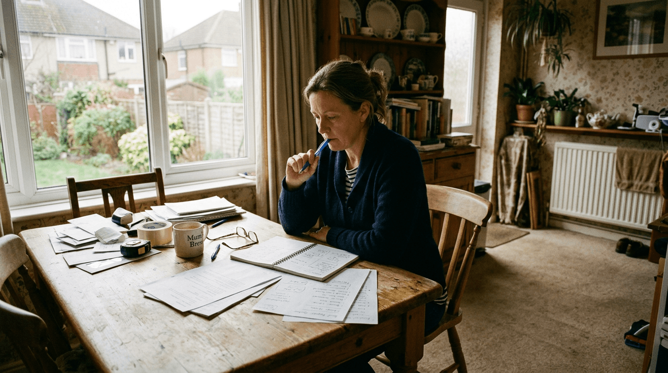 UK homeowner reviewing papers and notes at home before booking trades [dedupe:taskino:blog:first-year-homeowner-hiring-trades-guide:hero]
