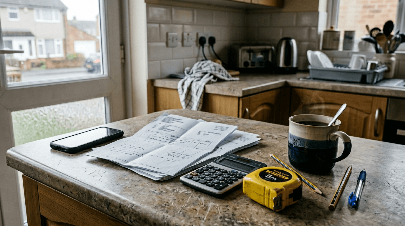 Kitchen counter with quotes and tape measure for comparing contractor estimates [dedupe:taskino:blog:first-year-homeowner-hiring-trades-guide:inline-1]