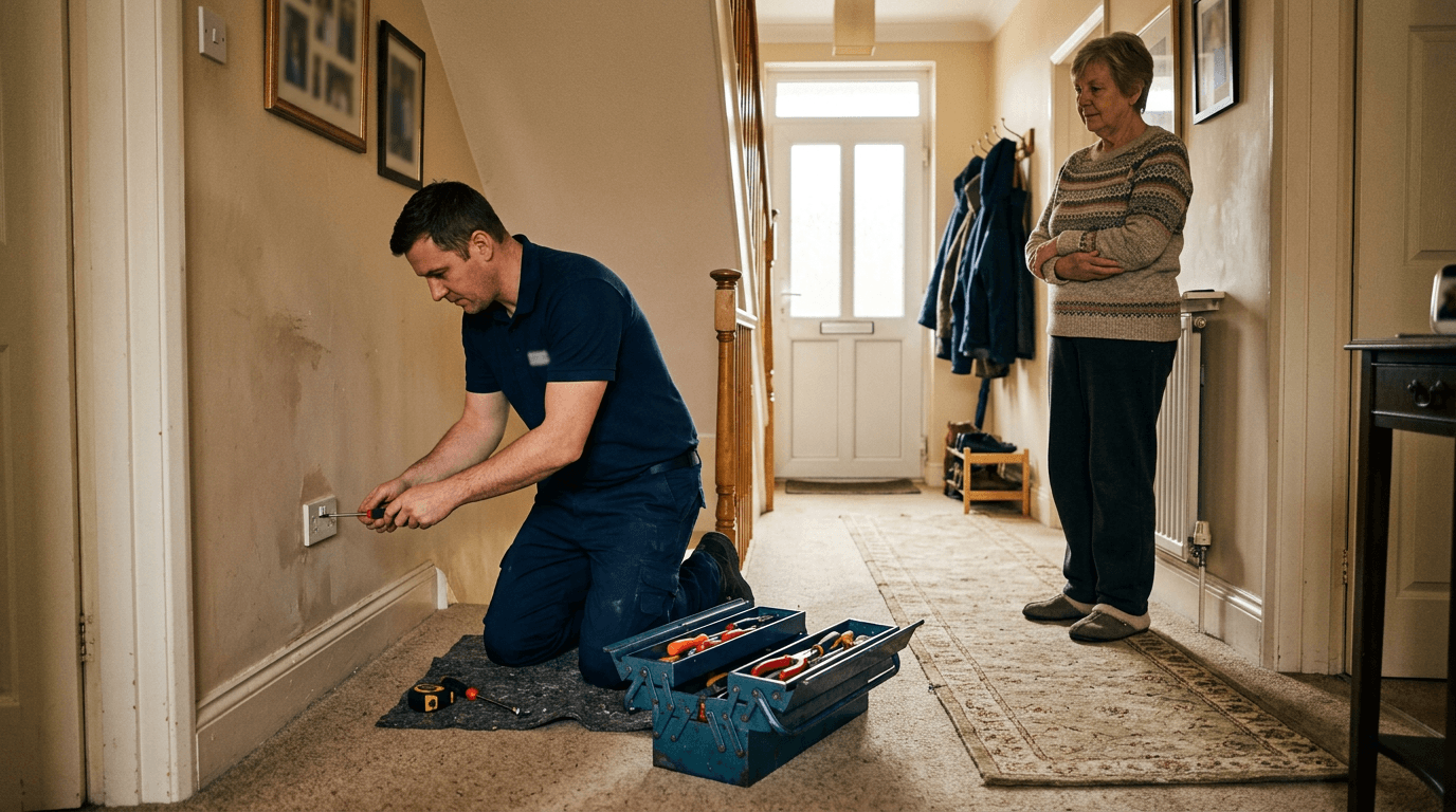 Homeowner present while a tradesperson works in the hallway [dedupe:taskino:blog:first-year-homeowner-hiring-trades-guide:inline-2]